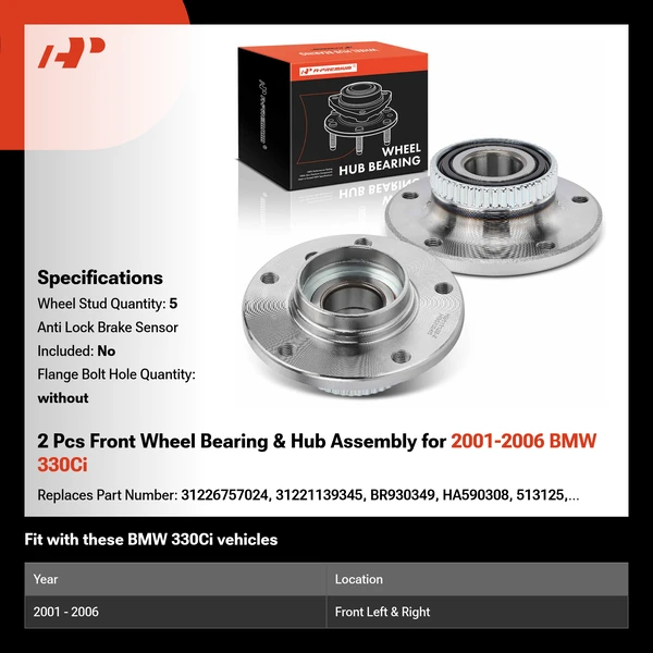 2 Pcs Front Wheel Bearing & Hub Assembly for 2001-2006 BMW 330Ci