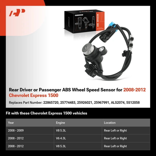 Rear Driver or Passenger ABS Wheel Speed Sensor for 2008-2012 Chevrolet Express 1500