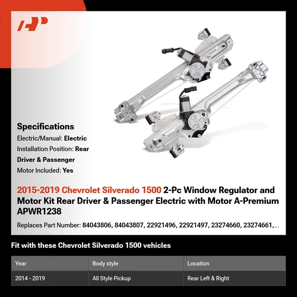 2015-2019 Chevrolet Silverado 1500 2-Pc Window Regulator and Motor Kit Rear Driver & Passenger Electric with Motor A-Premium APWR1238