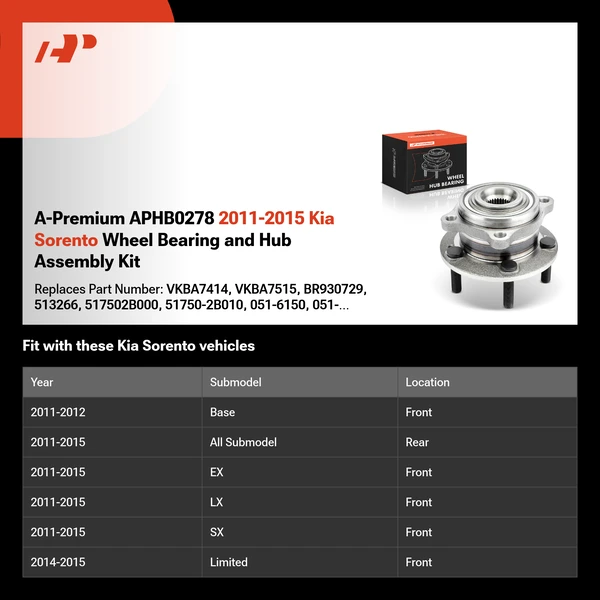 A-Premium APHB0278 2011-2015 Kia Sorento Wheel Bearing and Hub Assembly Kit