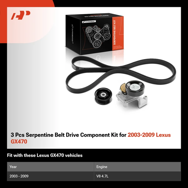 3 Pcs Serpentine Belt Drive Component Kit for 2003-2009 Lexus GX470