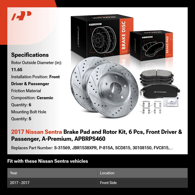 2017 Nissan Sentra Brake Pad and Rotor Kit, 6 Pcs, Front Driver & Passenger, A-Premium, APBRPS460