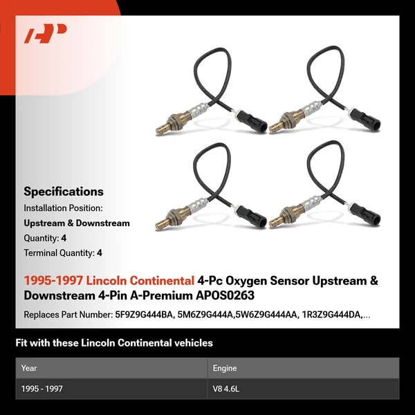 1995-1997 Lincoln Continental 4-Pc Oxygen Sensor Upstream & Downstream 4-Pin A-Premium APOS0263