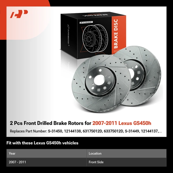2 Pcs Front Drilled Brake Rotors for 2007-2011 Lexus GS450h
