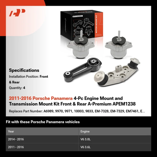 2011-2016 Porsche Panamera 4-Pc Engine Mount and Transmission Mount Kit Front & Rear A-Premium APEM1238