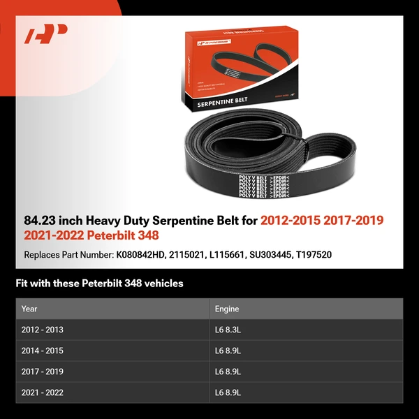 84.23 inch Heavy Duty Serpentine Belt for 2012-2015 2017-2019 2021-2022 Peterbilt 348