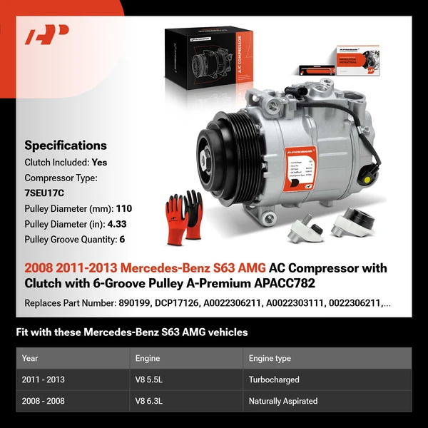2008 2011-2013 Mercedes-Benz S63 AMG AC Compressor with Clutch with 6-Groove Pulley A-Premium APACC782