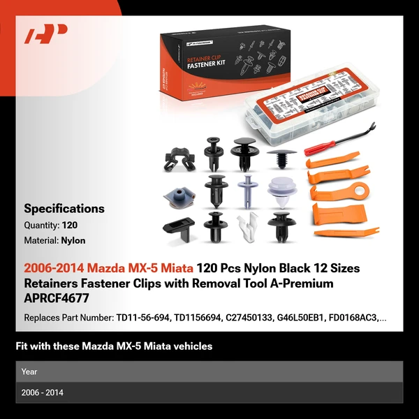 2006-2014 Mazda MX-5 Miata 120 Pcs Nylon Black 12 Sizes Retainers Fastener Clips with Removal Tool A-Premium APRCF4677