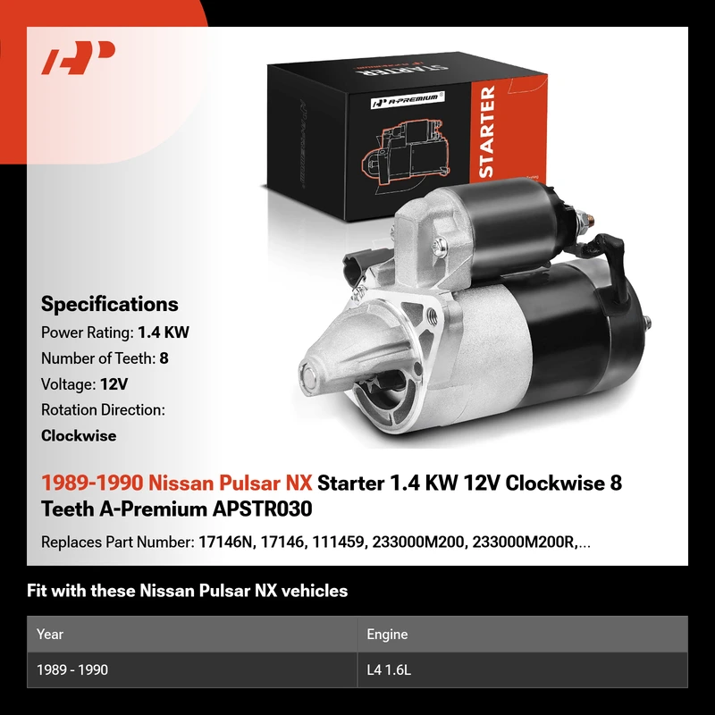 1989-1990 Nissan Pulsar NX Starter 1.4 KW 12V Clockwise 8 Teeth A-Premium APSTR030