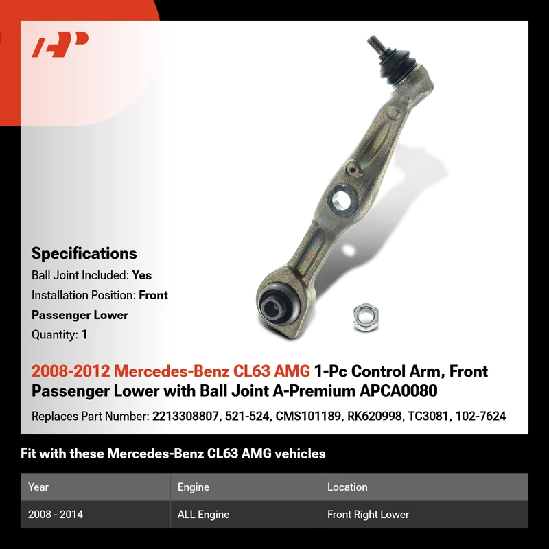 2008-2012 Mercedes-Benz CL63 AMG 1-Pc Control Arm, Front Passenger Lower with Ball Joint A-Premium APCA0080