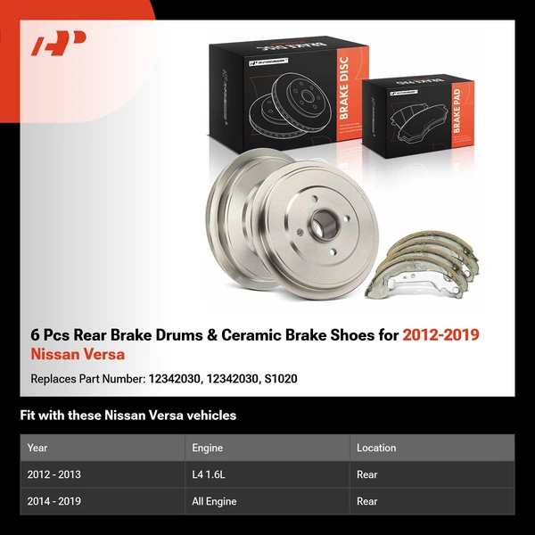 6 Pcs Rear Brake Drums & Ceramic Brake Shoes for 2012-2019 Nissan Versa