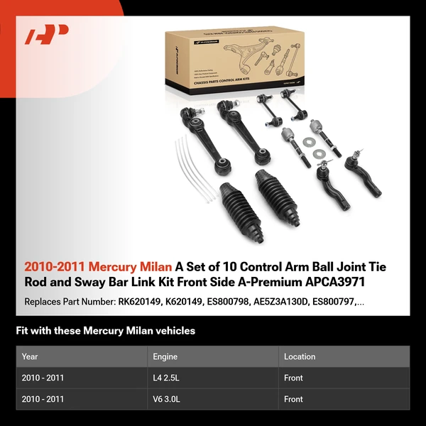 2010-2011 Mercury Milan A Set of 10 Control Arm Ball Joint Tie Rod and Sway Bar Link Kit Front Side A-Premium APCA3971
