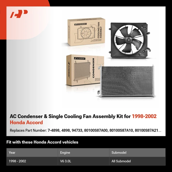 AC Condenser & Single Cooling Fan Assembly Kit for 1998-2002 Honda Accord