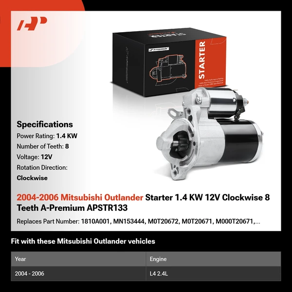 2004-2006 Mitsubishi Outlander Starter 1.4 KW 12V Clockwise 8 Teeth A-Premium APSTR133