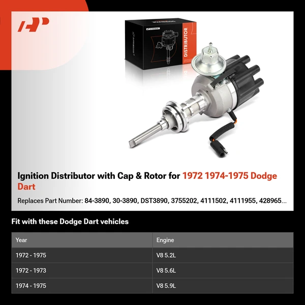 Ignition Distributor with Cap & Rotor for 1972 1974-1975 Dodge Dart
