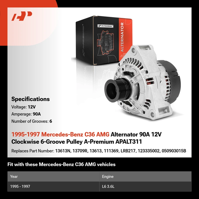 1995-1997 Mercedes-Benz C36 AMG Alternator 90A 12V Clockwise 6-Groove Pulley A-Premium APALT311