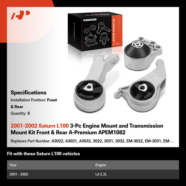 2001-2002 Saturn L100 3-Pc Engine Mount and Transmission Mount Kit Front & Rear A-Premium APEM1082