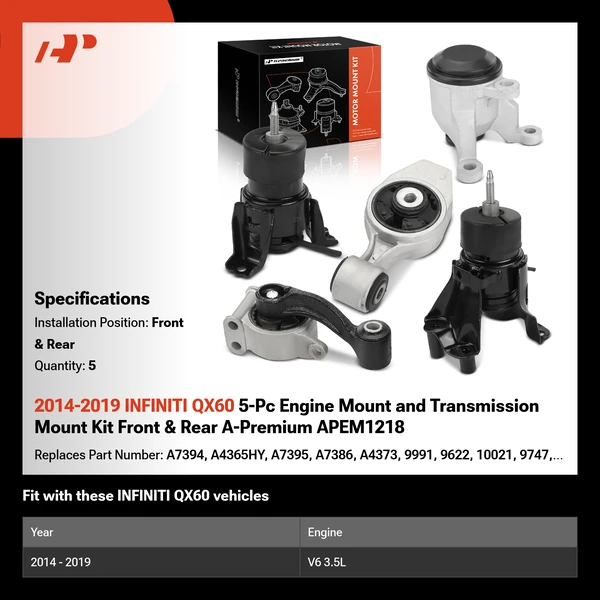 2014-2019 INFINITI QX60 5-Pc Engine Mount and Transmission Mount Kit Front & Rear A-Premium APEM1218