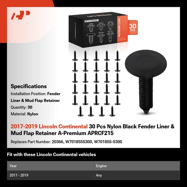 2017-2019 Lincoln Continental 30 Pcs Nylon Black Fender Liner & Mud Flap Retainer A-Premium APRCF215