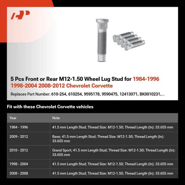 5 Pcs Front or Rear M12-1.50 Wheel Lug Stud for 1984-1996 1998-2004 2008-2012 Chevrolet Corvette