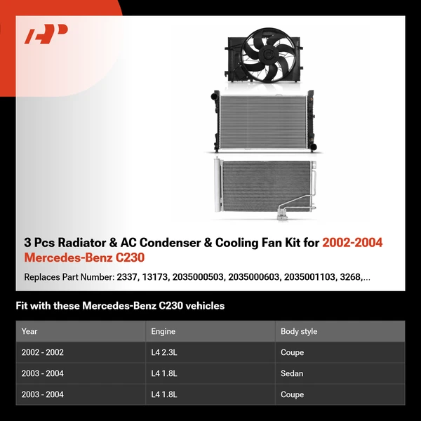 3 Pcs Radiator & AC Condenser & Cooling Fan Kit for 2002-2004 Mercedes-Benz C230