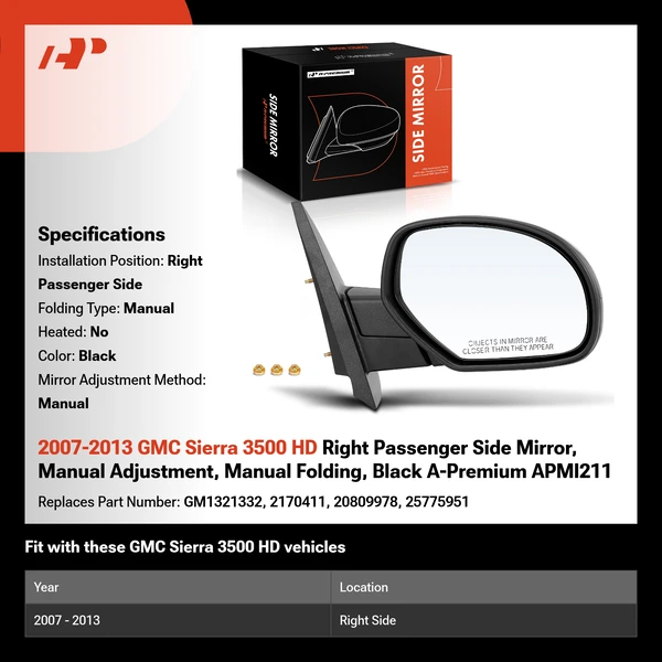 2007-2013 GMC Sierra 3500 HD Right Passenger Side Mirror, Manual Adjustment, Manual Folding, Black A-Premium APMI211