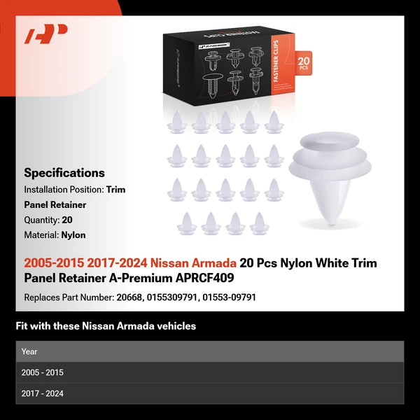 2005-2015 2017-2024 Nissan Armada 20 Pcs Nylon White Trim Panel Retainer A-Premium APRCF409