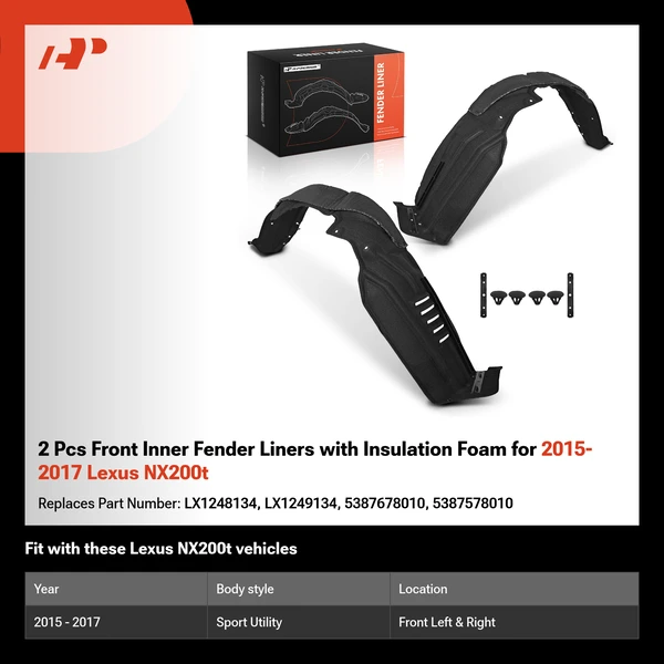 2 Pcs Front Inner Fender Liners with Insulation Foam for 2015-2017 Lexus NX200t