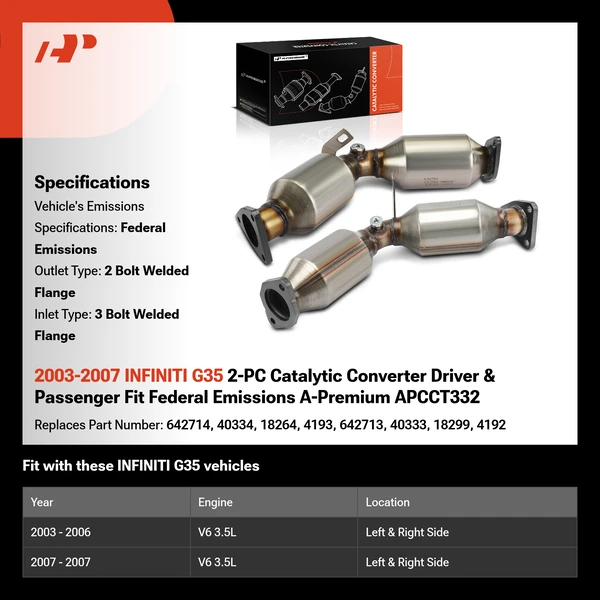 2003-2007 INFINITI G35 2-PC Catalytic Converter Driver & Passenger Fit Federal Emissions A-Premium APCCT332