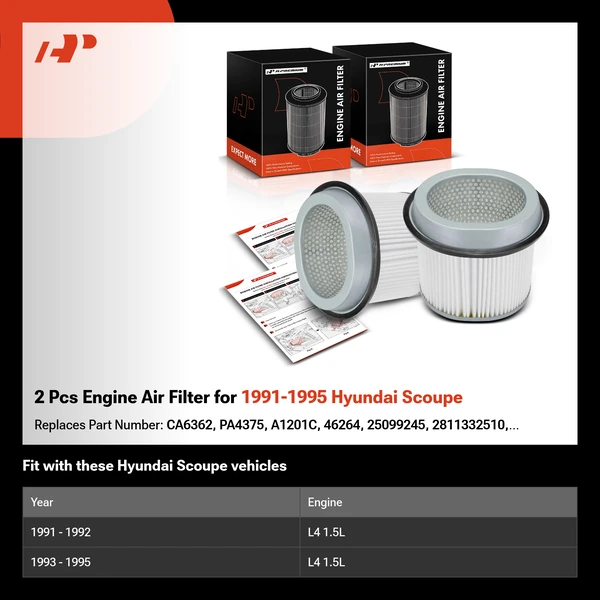 2 Pcs Engine Air Filter for 1991-1995 Hyundai Scoupe
