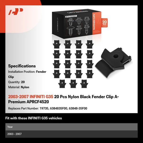 2003-2007 INFINITI G35 20 Pcs Nylon Black Fender Clip A-Premium APRCF4520