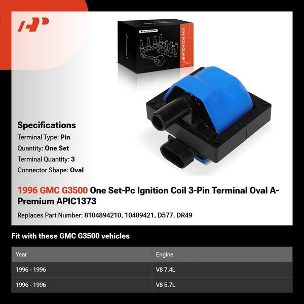 1996 GMC G3500 One Set-Pc Ignition Coil 3-Pin Terminal Oval A-Premium APIC1373