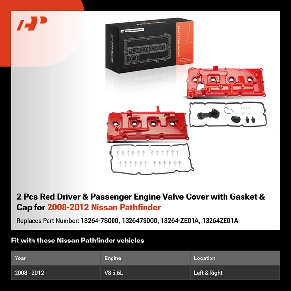 2 Pcs Red Driver & Passenger Engine Valve Cover with Gasket & Cap for 2008-2012 Nissan Pathfinder
