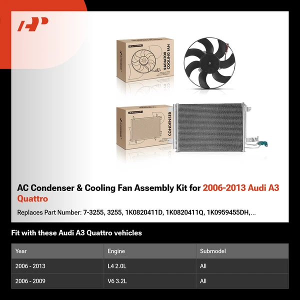 AC Condenser & Cooling Fan Assembly Kit for 2006-2013 Audi A3 Quattro
