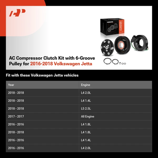 AC Compressor Clutch Kit with 6-Groove Pulley for 2016-2018 Volkswagen Jetta