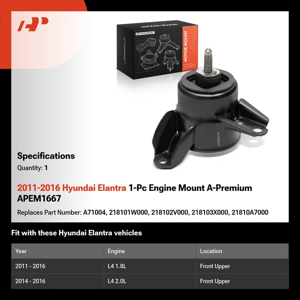 2011-2016 Hyundai Elantra 1-Pc Engine Mount A-Premium APEM1667