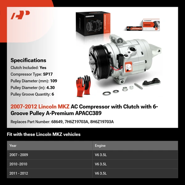 2007-2012 Lincoln MKZ AC Compressor with Clutch with 6-Groove Pulley A-Premium APACC389
