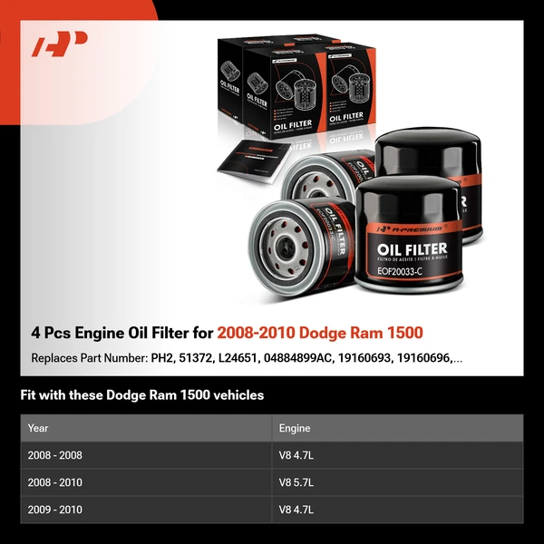 4 Pcs Engine Oil Filter for 2008-2010 Dodge Ram 1500