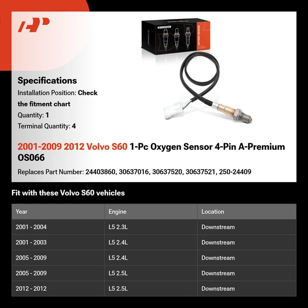 2001-2009 2012 Volvo S60 1-Pc Oxygen Sensor 4-Pin A-Premium OS066