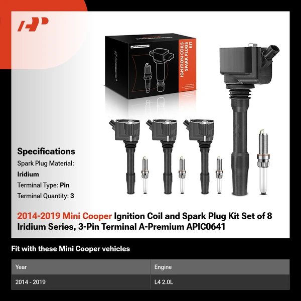 2014-2019 Mini Cooper Ignition Coil and Spark Plug Kit Set of 8 Iridium Series, 3-Pin Terminal A-Premium APIC0641
