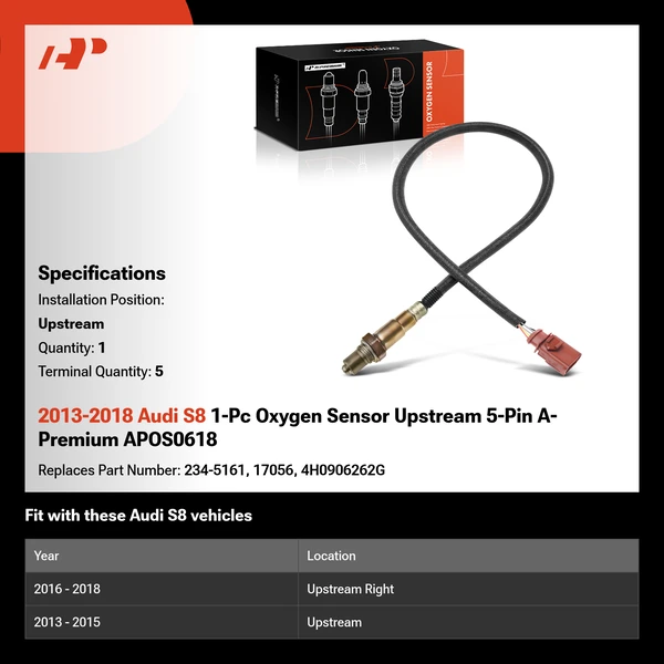 2013-2018 Audi S8 1-Pc Oxygen Sensor Upstream 5-Pin A-Premium APOS0618