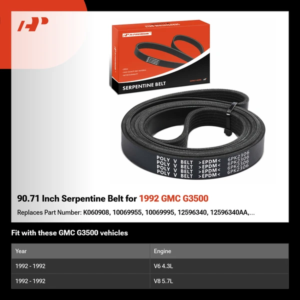 90.71 Inch Serpentine Belt for 1992 GMC G3500