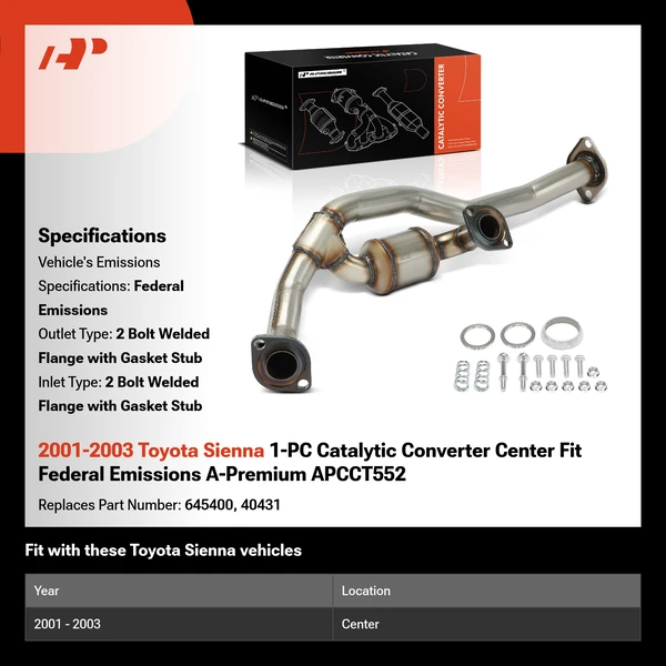 2001-2003 Toyota Sienna 1-PC Catalytic Converter Center Fit Federal Emissions A-Premium APCCT552