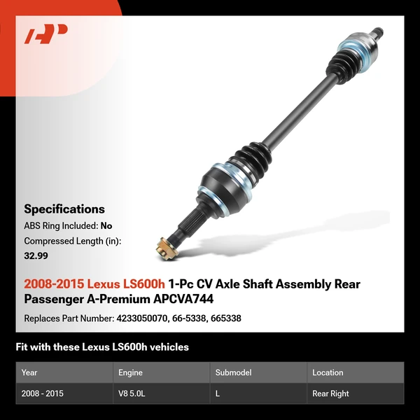 2008-2015 Lexus LS600h 1-Pc CV Axle Shaft Assembly Rear Passenger A-Premium APCVA744