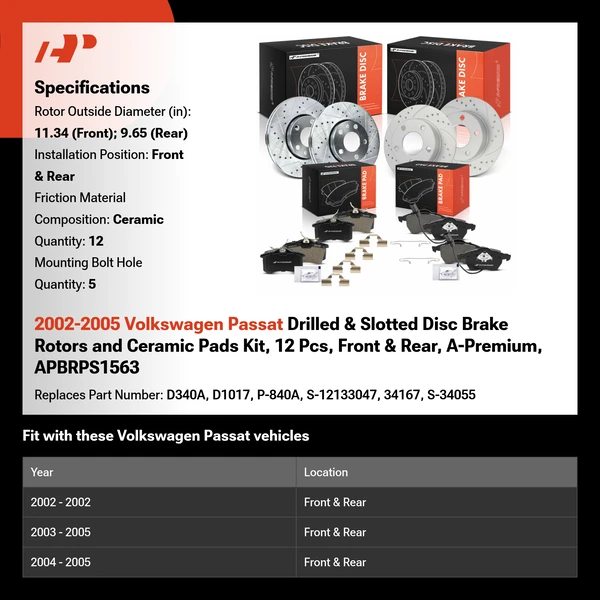 2002-2005 Volkswagen Passat Drilled & Slotted Disc Brake Rotors and Ceramic Pads Kit, 12 Pcs, Front & Rear, A-Premium, APBRPS1563