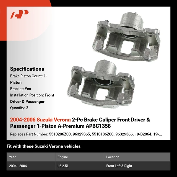 2004-2006 Suzuki Verona 2-Pc Brake Caliper Front Driver & Passenger 1-Piston A-Premium APBC1358