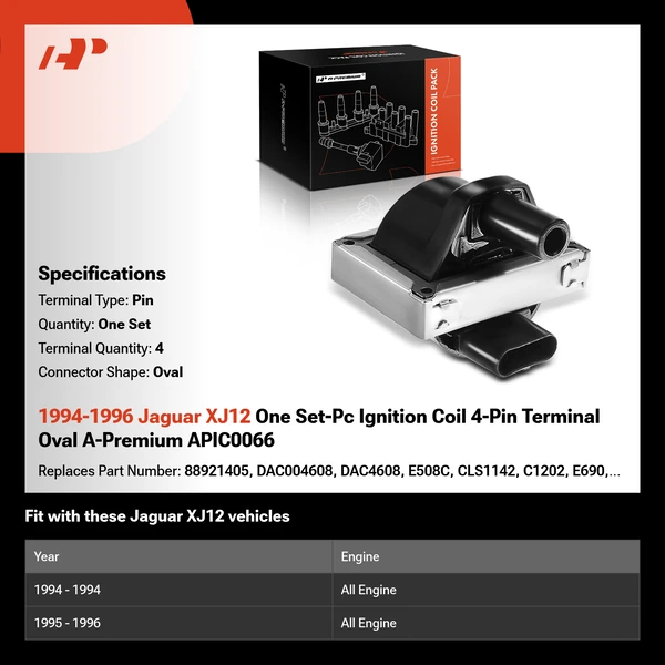 1994-1996 Jaguar XJ12 One Set-Pc Ignition Coil 4-Pin Terminal Oval A-Premium APIC0066