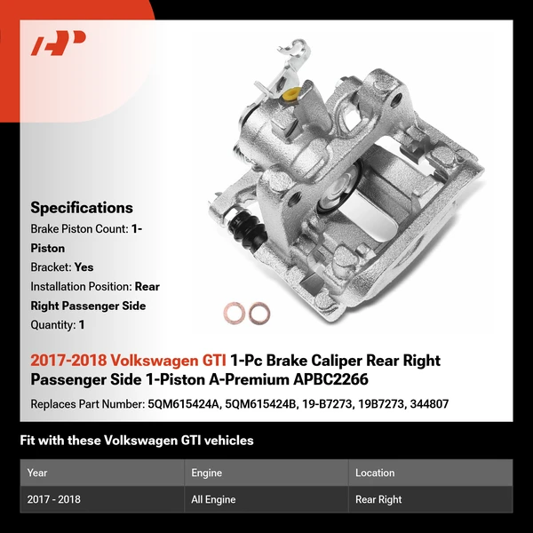 2017-2018 Volkswagen GTI 1-Pc Brake Caliper Rear Right Passenger Side 1-Piston A-Premium APBC2266