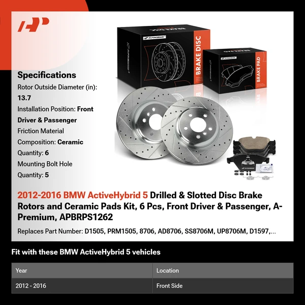 2012-2016 BMW ActiveHybrid 5 Drilled & Slotted Disc Brake Rotors and Ceramic Pads Kit, 6 Pcs, Front Driver & Passenger, A-Premium, APBRPS1262