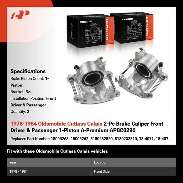 1978-1984 Oldsmobile Cutlass Calais 2-Pc Brake Caliper Front Driver & Passenger 1-Piston A-Premium APBC0296